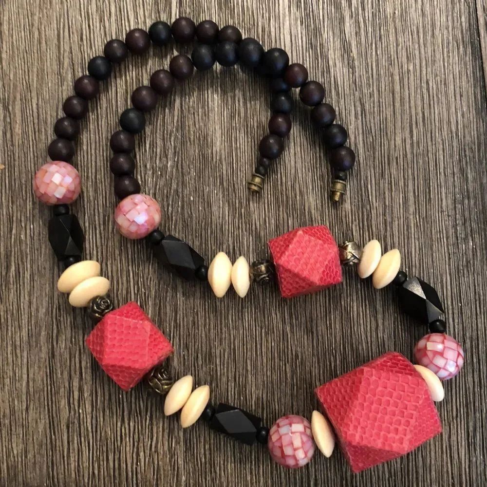Vintage BeadedโNecklace Wooden & Snake Skin Covered Beads